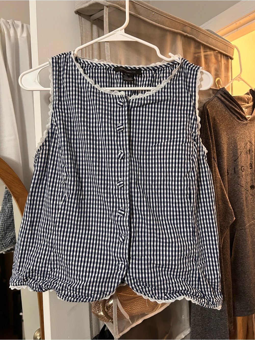 French Connection Navy Blue Gingham Button-Front Top with Lace Trim